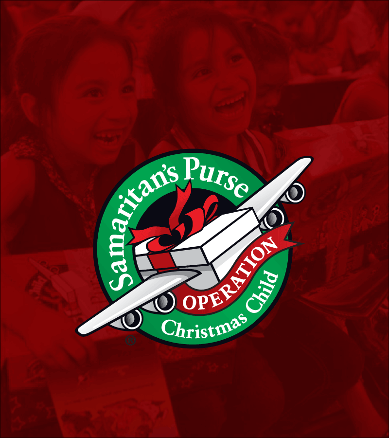 Samaritan's Purse Christmas Child logo with two extremely happy young ladies in the background.