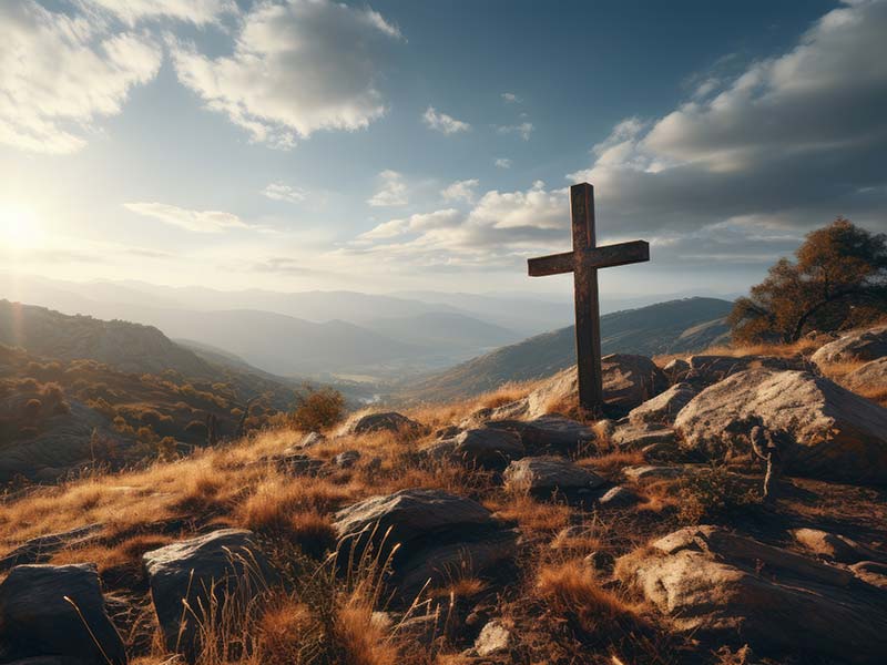 Christian wood cross sitting on a beautiful mountain side